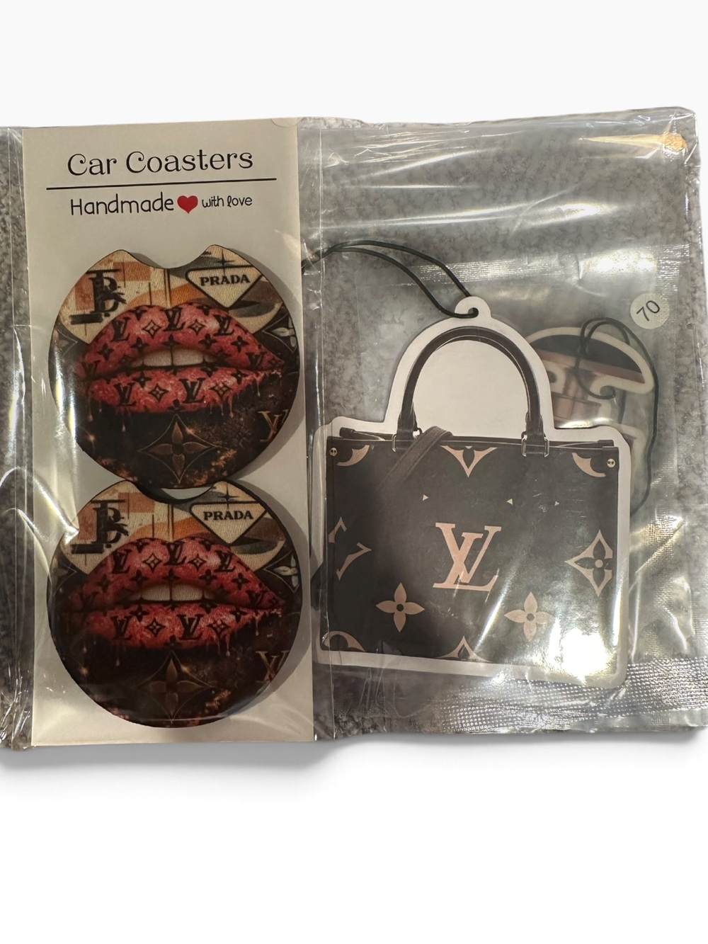 Designer Inspired Car Coaster & Air Freshener Gift Set – Lips & Handbag Print